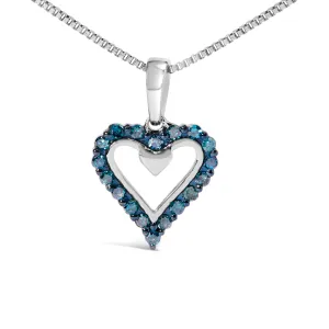 .925 Sterling Silver 1/5 Cttw Blue Diamond Open Heart Pendant Necklace