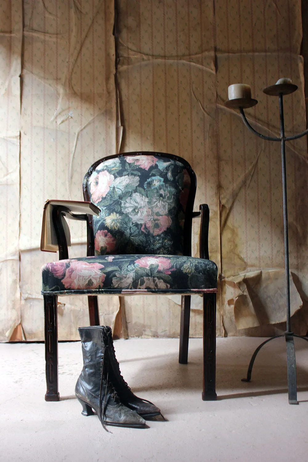 A George III Chinese Chippendale Mahogany & Upholstered Open Armchair c.1780