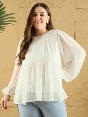 Berrylush Curve Women Solid White Dobby Weave Round Neck Puff Sleeves Back Keyhole Pleated Peplum Regular Top