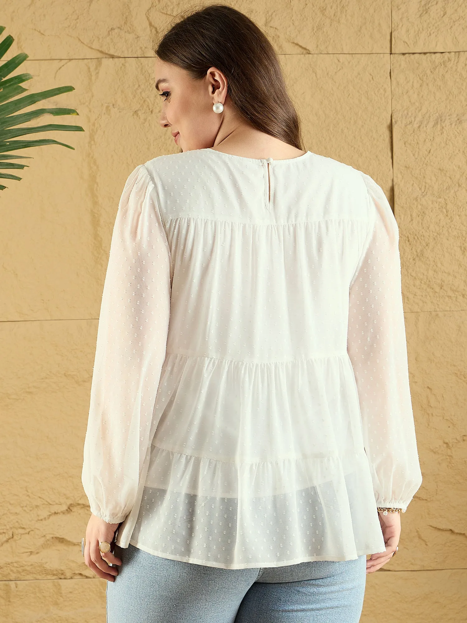 Berrylush Curve Women Solid White Dobby Weave Round Neck Puff Sleeves Back Keyhole Pleated Peplum Regular Top