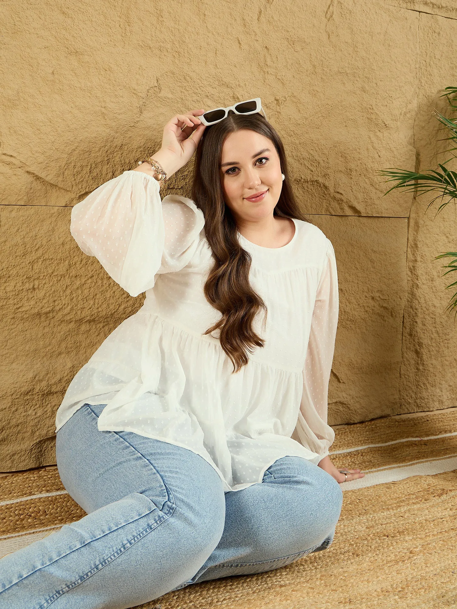 Berrylush Curve Women Solid White Dobby Weave Round Neck Puff Sleeves Back Keyhole Pleated Peplum Regular Top