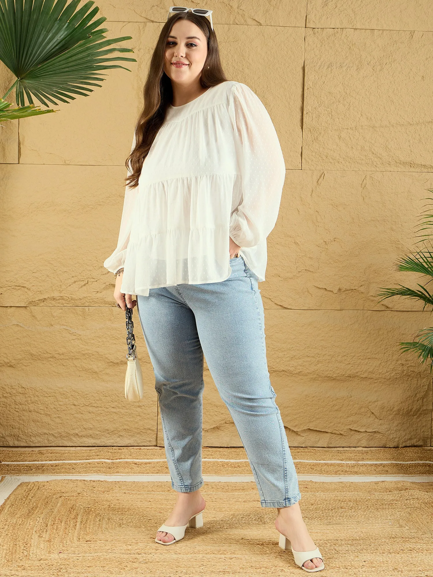 Berrylush Curve Women Solid White Dobby Weave Round Neck Puff Sleeves Back Keyhole Pleated Peplum Regular Top