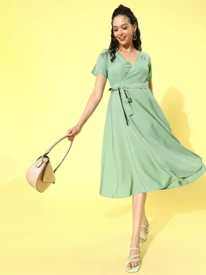 Berrylush Women Solid Mint Green V-Neck Short Slit Sleeve Wrap Midi Dress