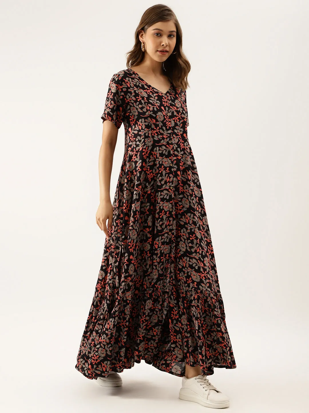 Black Multi Floral Printed Rayon Ethnic Dress for Women