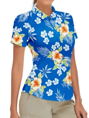 Blue Floral Short-sleeve Golf Shirt for Women