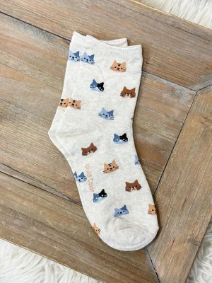 Cat Printed Crew Socks - Beige