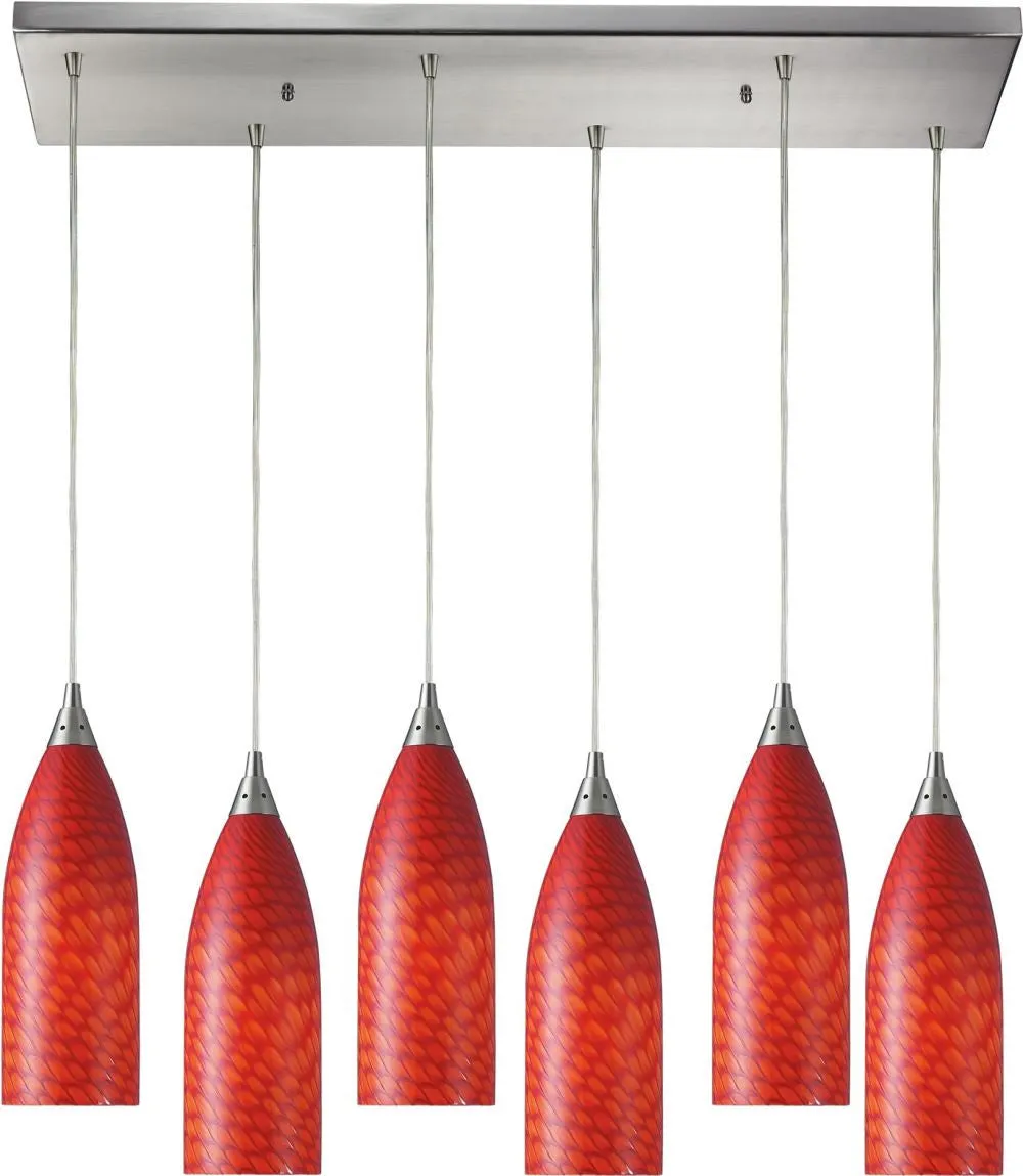 Cilindro 6 Light Pendant In Satin Nickel and Scarlet Red Glass