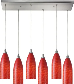 Cilindro 6 Light Pendant In Satin Nickel and Scarlet Red Glass