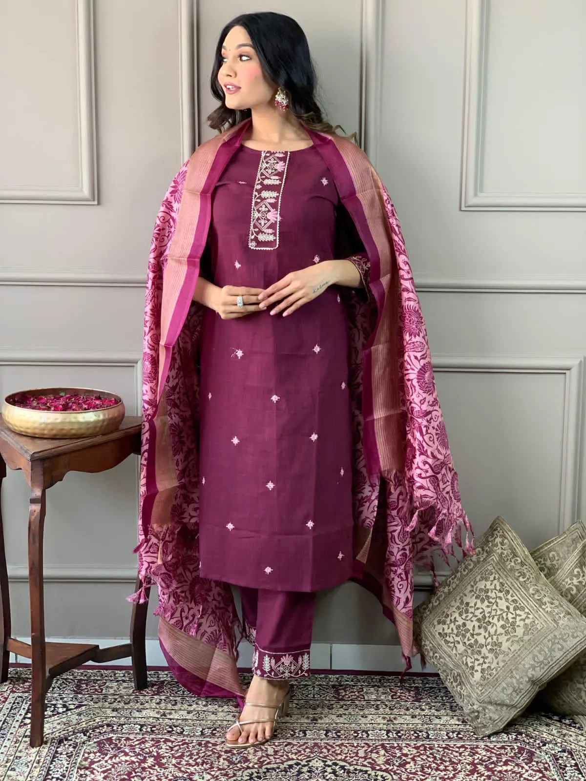 Cotton Embroidered Kurta with Lace Yoke, Pant, and Silk Dupatta Set