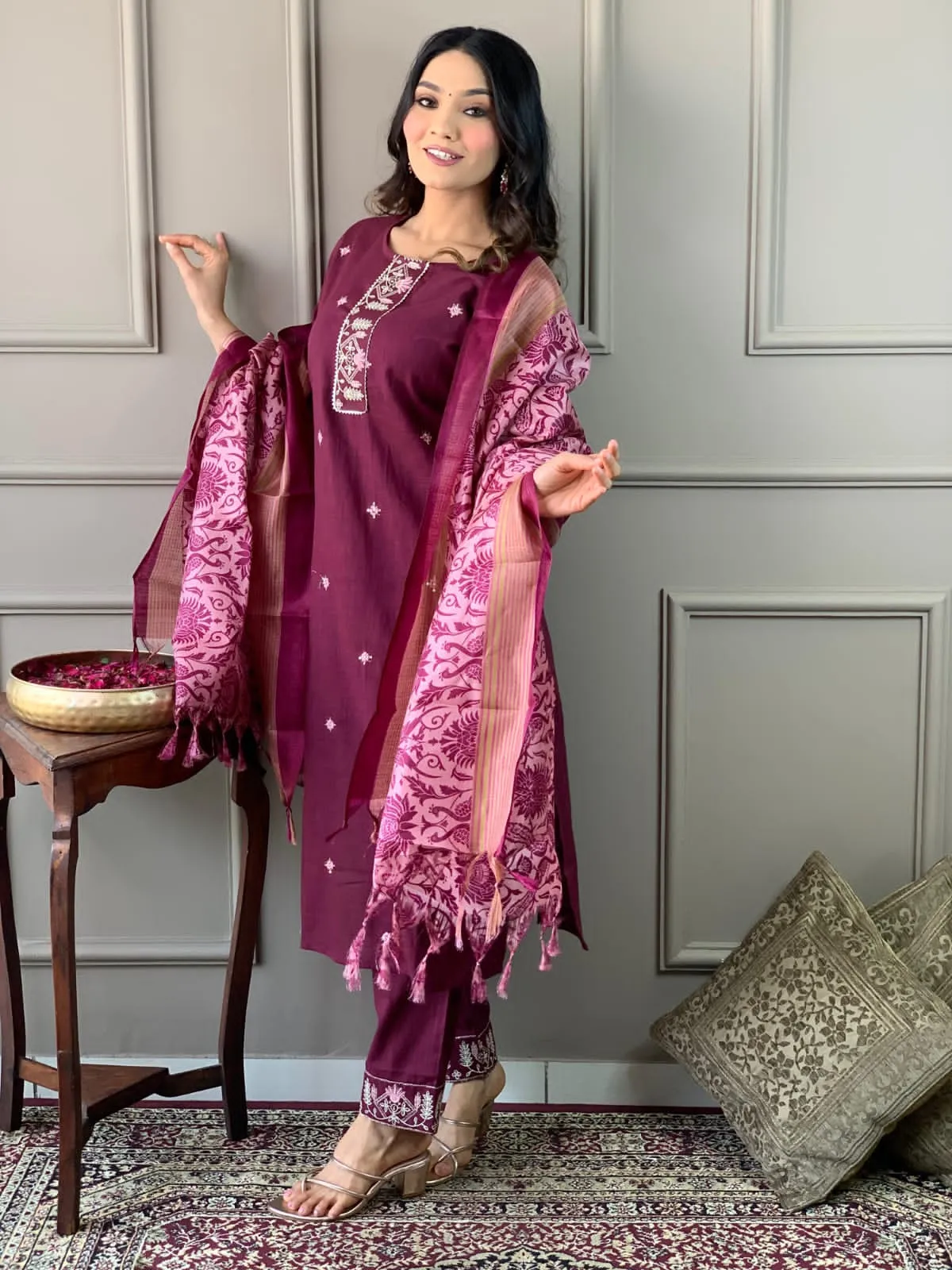 Cotton Embroidered Kurta with Lace Yoke, Pant, and Silk Dupatta Set