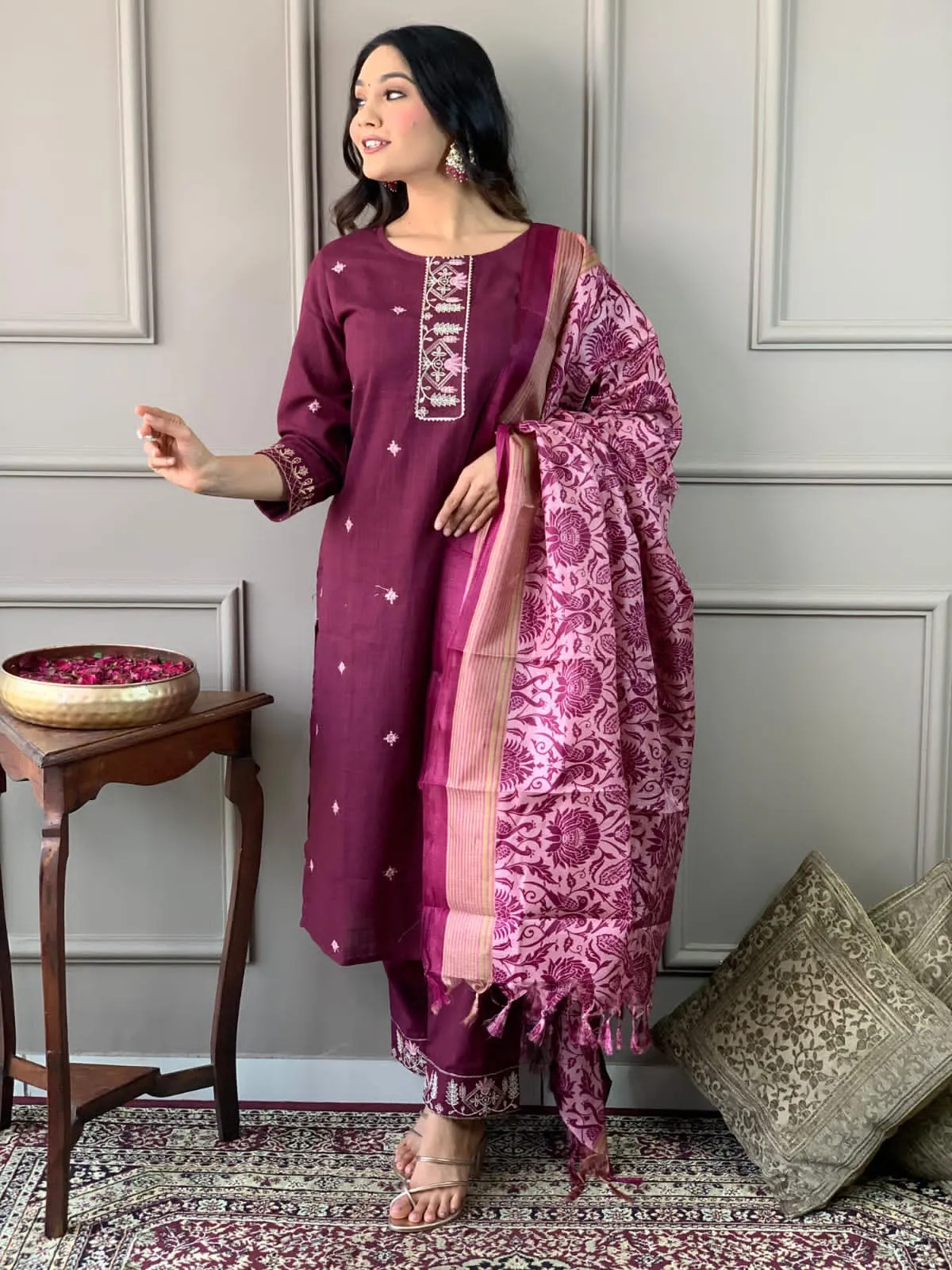 Cotton Embroidered Kurta with Lace Yoke, Pant, and Silk Dupatta Set