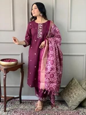 Cotton Embroidered Kurta with Lace Yoke, Pant, and Silk Dupatta Set