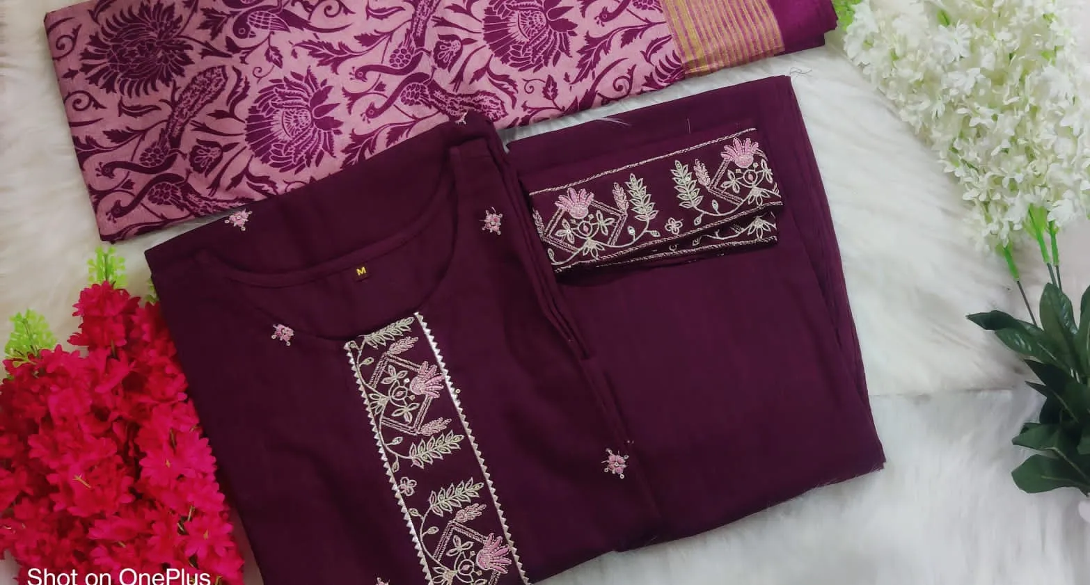 Cotton Embroidered Kurta with Lace Yoke, Pant, and Silk Dupatta Set