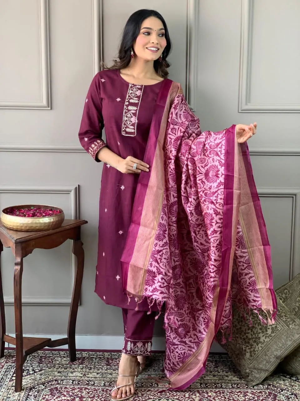 Cotton Embroidered Kurta with Lace Yoke, Pant, and Silk Dupatta Set
