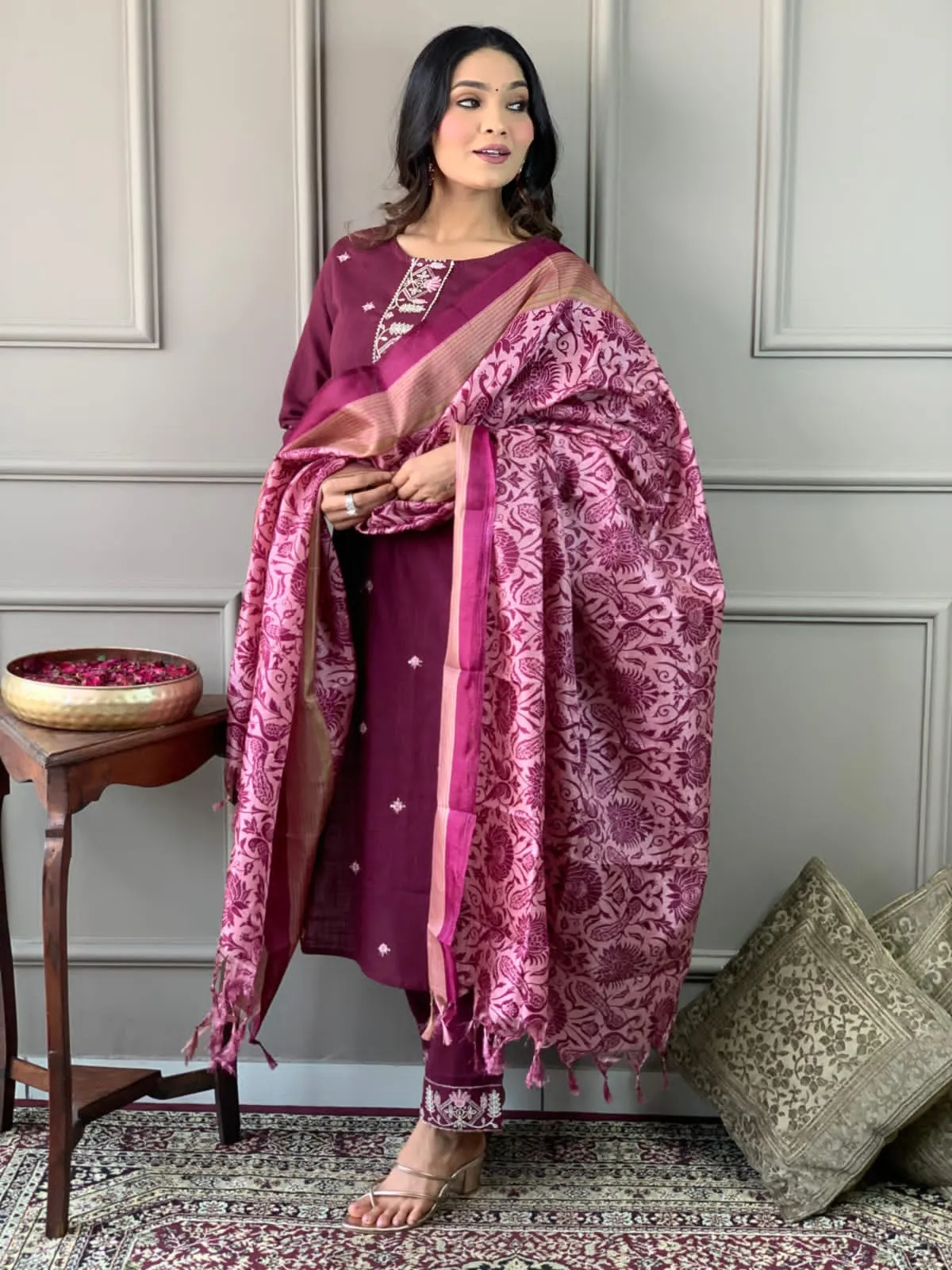 Cotton Embroidered Kurta with Lace Yoke, Pant, and Silk Dupatta Set