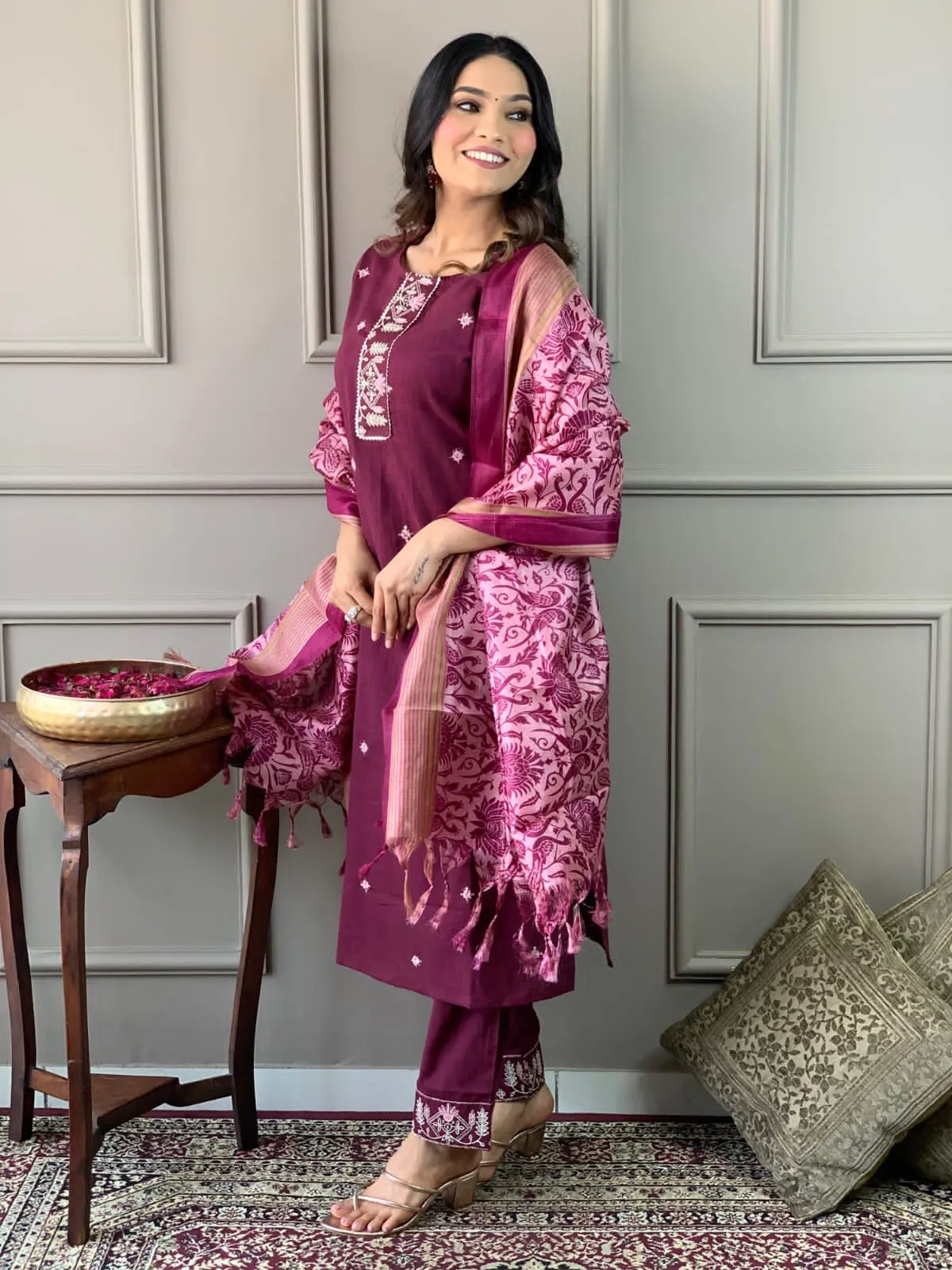 Cotton Embroidered Kurta with Lace Yoke, Pant, and Silk Dupatta Set