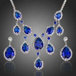 Dark Blue Sapphire Cubic Zirconia Necklace   Earrings Set