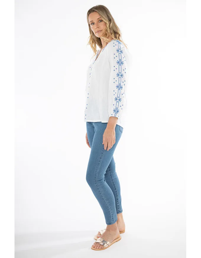 Embroidered Linen Top White/Blue