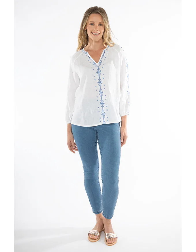 Embroidered Linen Top White/Blue