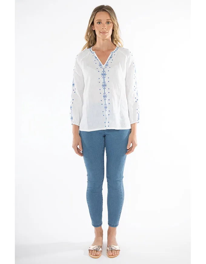 Embroidered Linen Top White/Blue