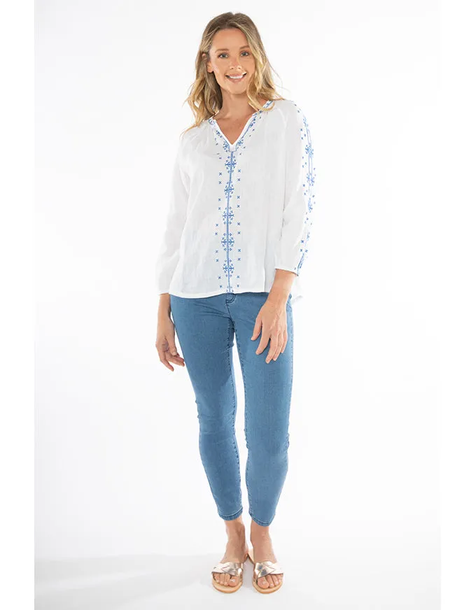 Embroidered Linen Top White/Blue
