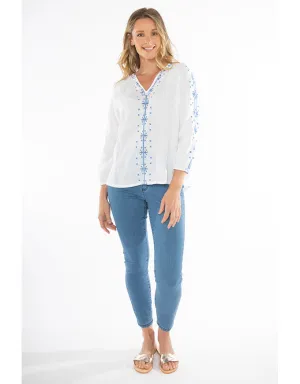 Embroidered Linen Top White/Blue