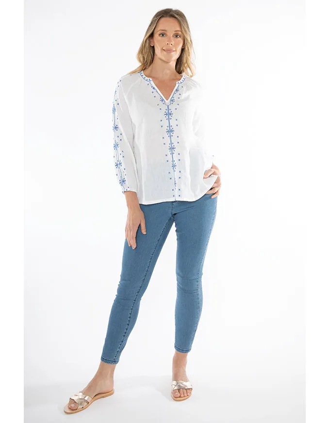 Embroidered Linen Top White/Blue