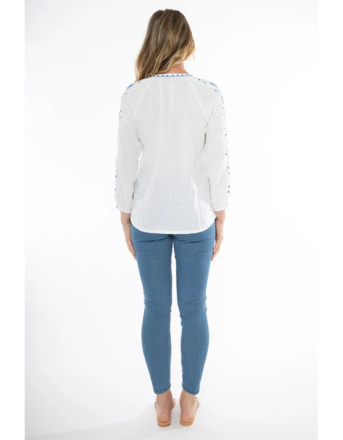 Embroidered Linen Top White/Blue