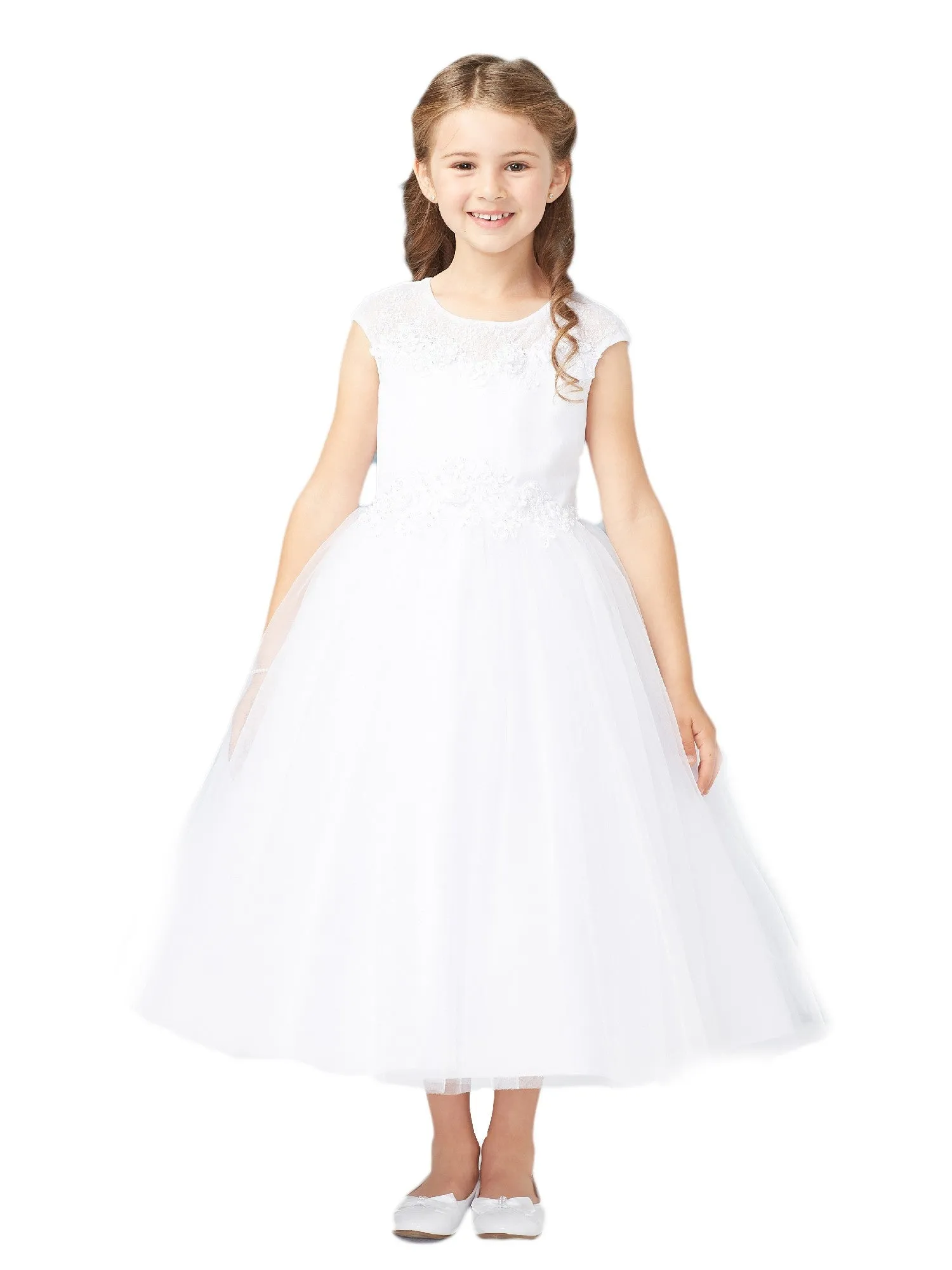 Girls White Cap Sleeve Lace Embroidery Special Occasion Dress, Sizes 2-14