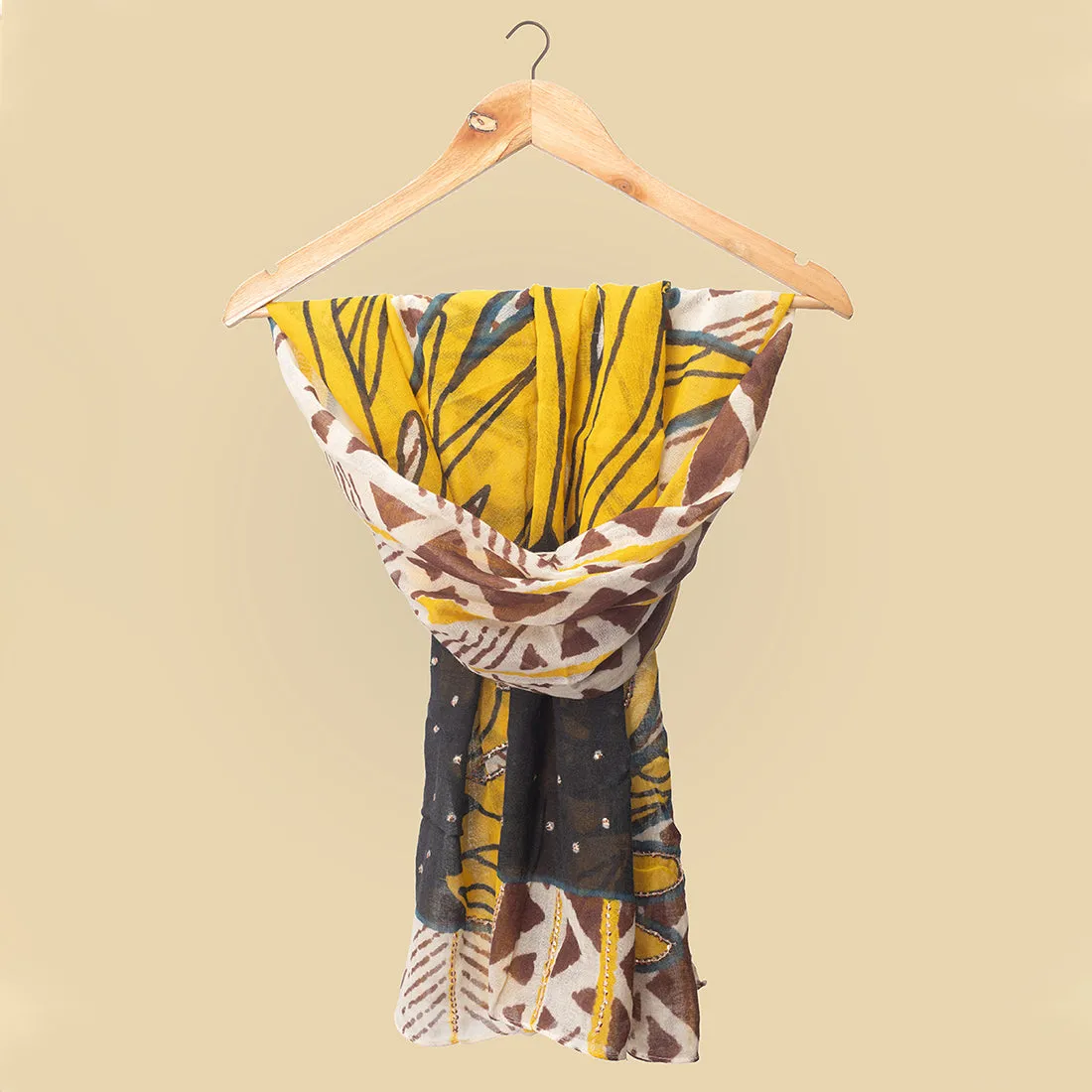 Gold Sequin-Embellished Woolen Scarf In Yellow, Beige, And Brown