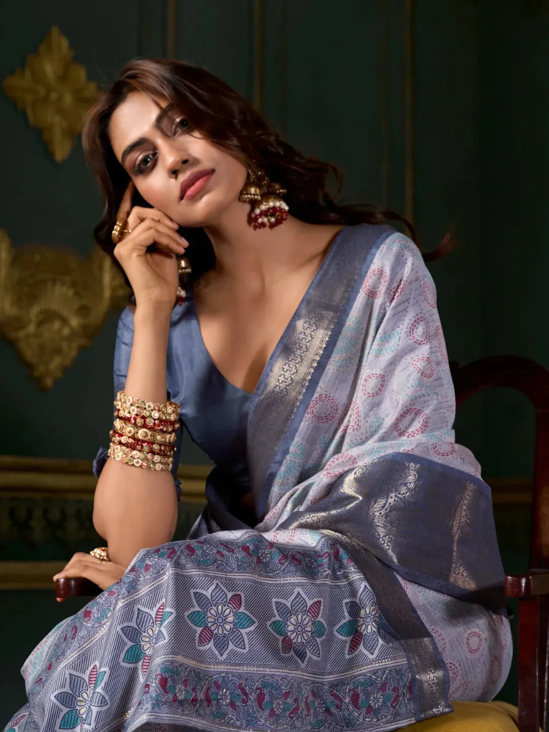 Graceful Dark Grey Soft Dola Silk Printed Saree