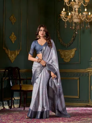 Graceful Dark Grey Soft Dola Silk Printed Saree