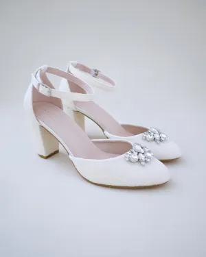 JOSKAA 2024 New Fashion High Heel Lace Block Heel with Dewdrop Brooch