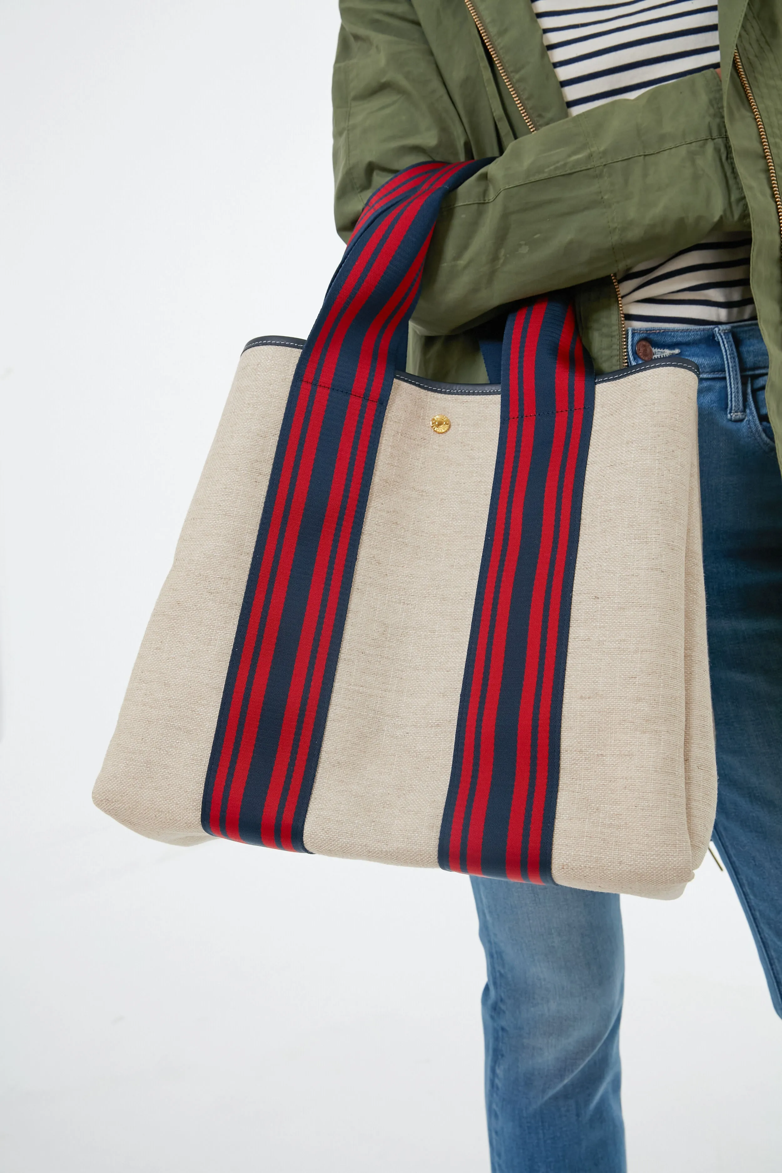Navy and Red Equestrian Traversee L Linen Tote
