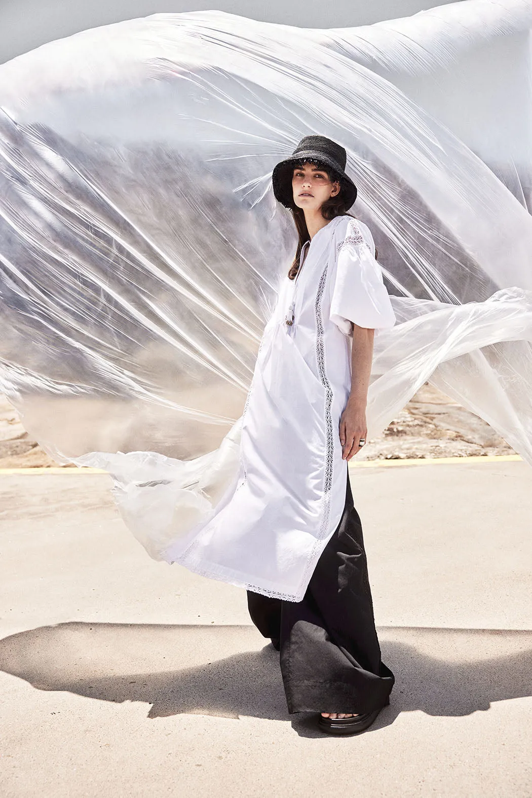 Nephele White Crochet Poplin Dress