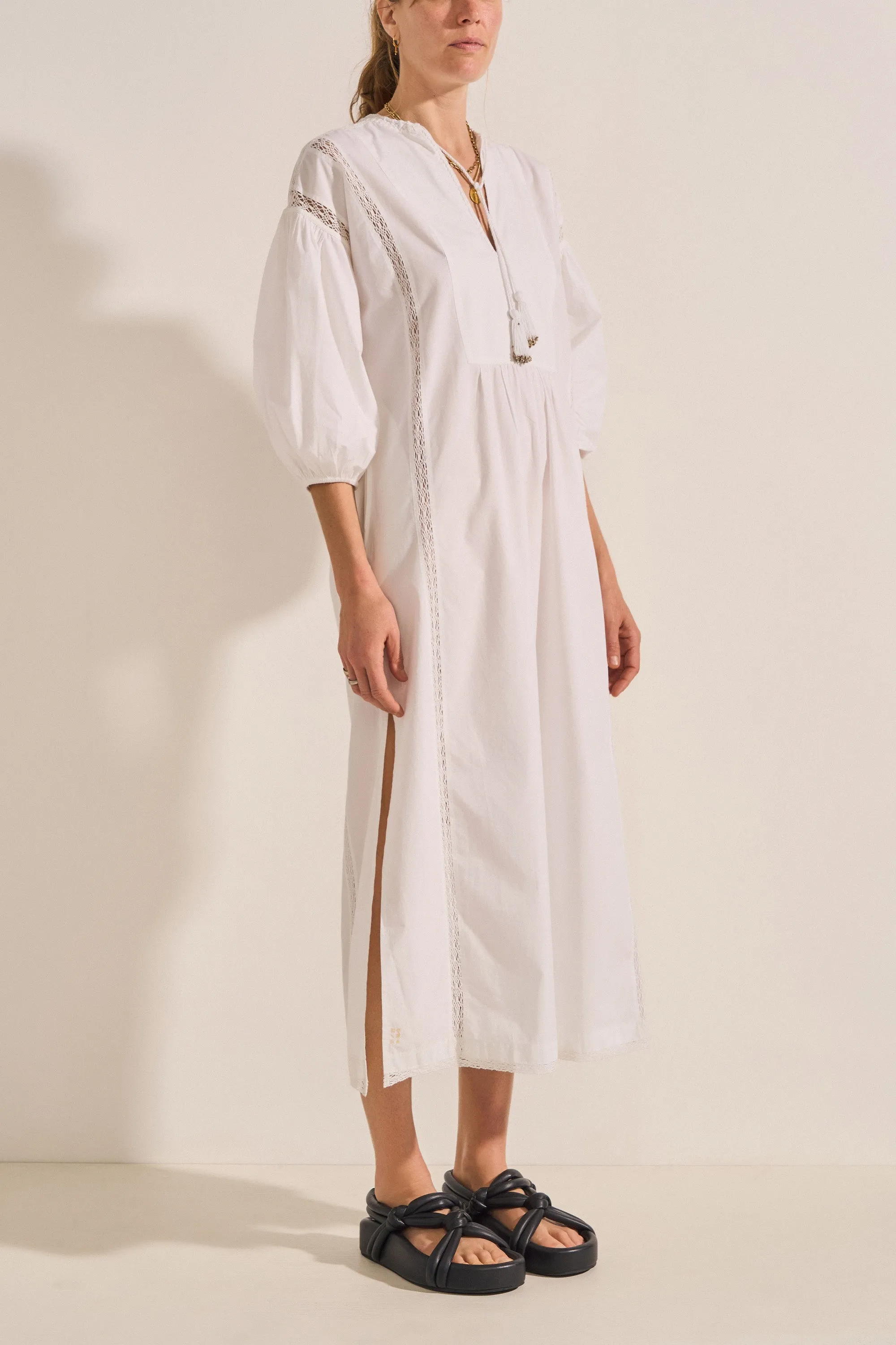 Nephele White Crochet Poplin Dress