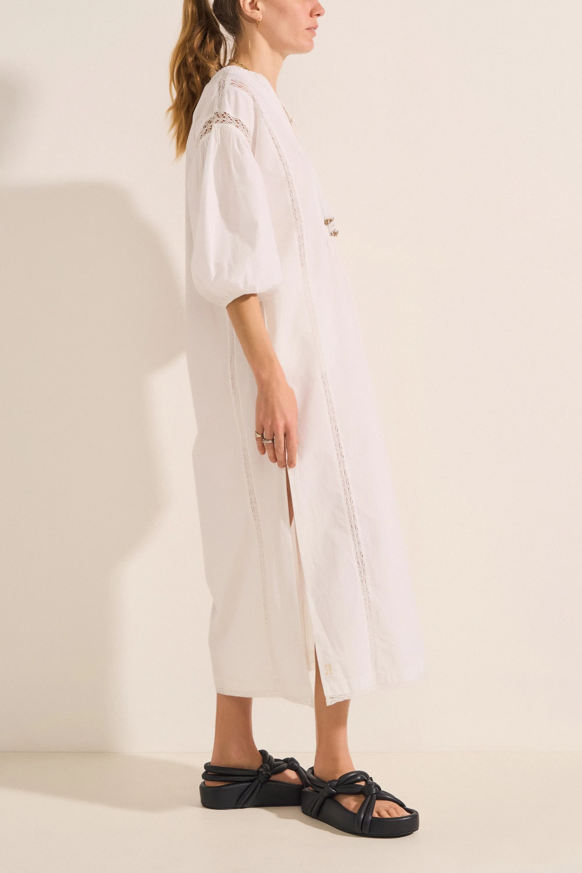 Nephele White Crochet Poplin Dress