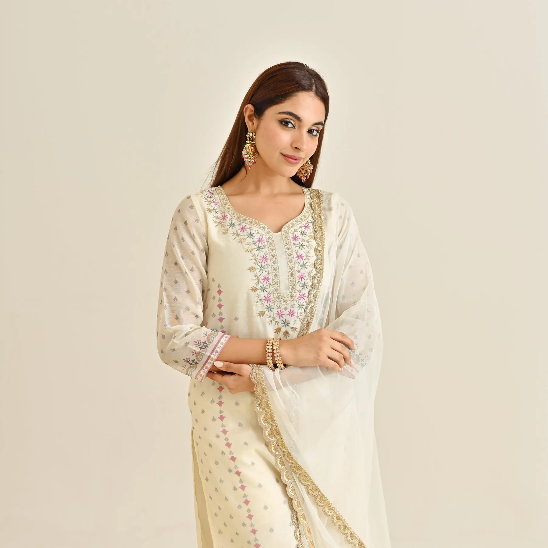 Off White Floral Straight Kurta Set with Yoke Embroidery & Dupatta