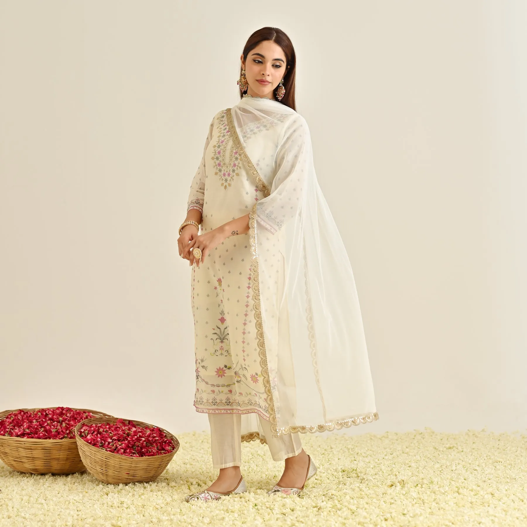 Off White Floral Straight Kurta Set with Yoke Embroidery & Dupatta