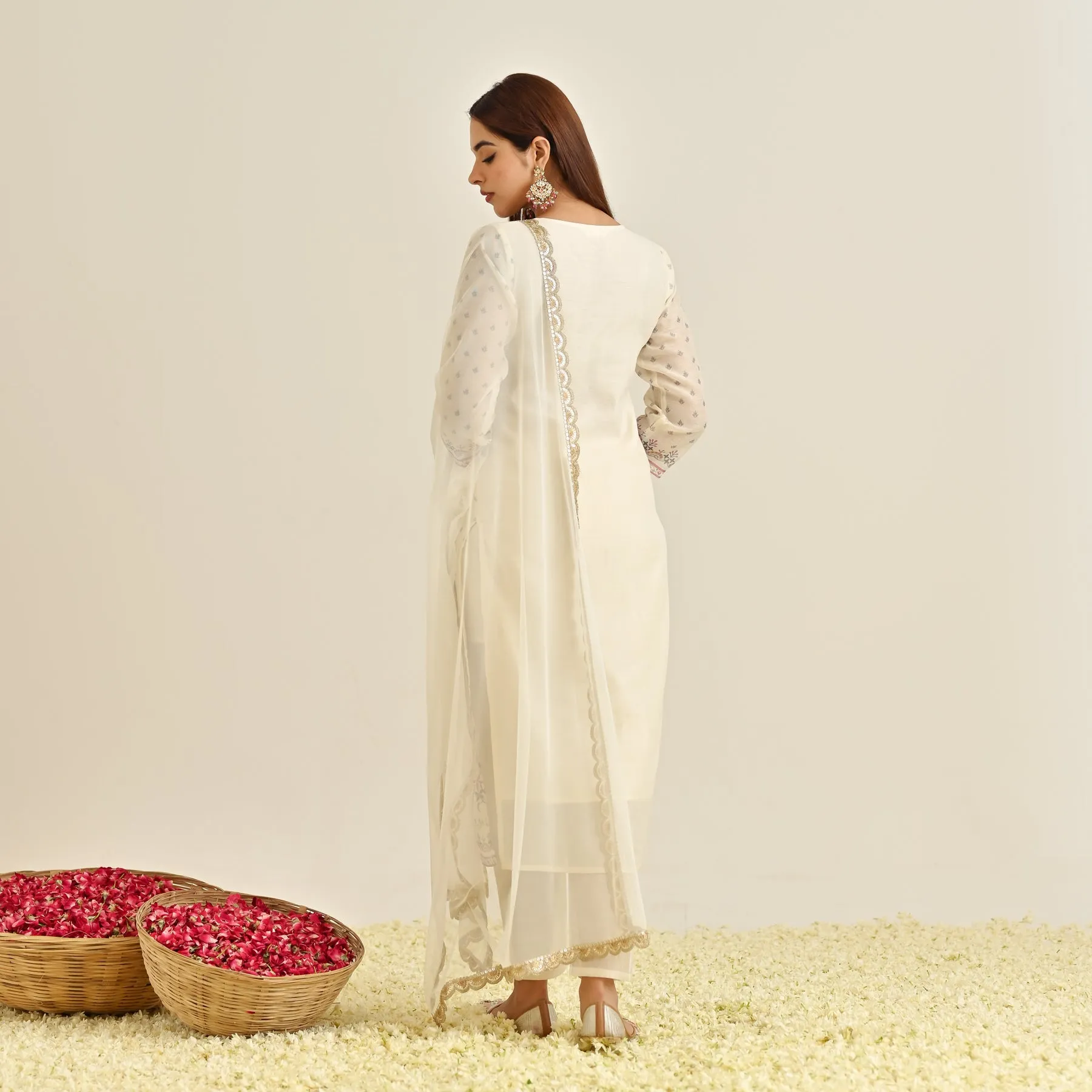 Off White Floral Straight Kurta Set with Yoke Embroidery & Dupatta