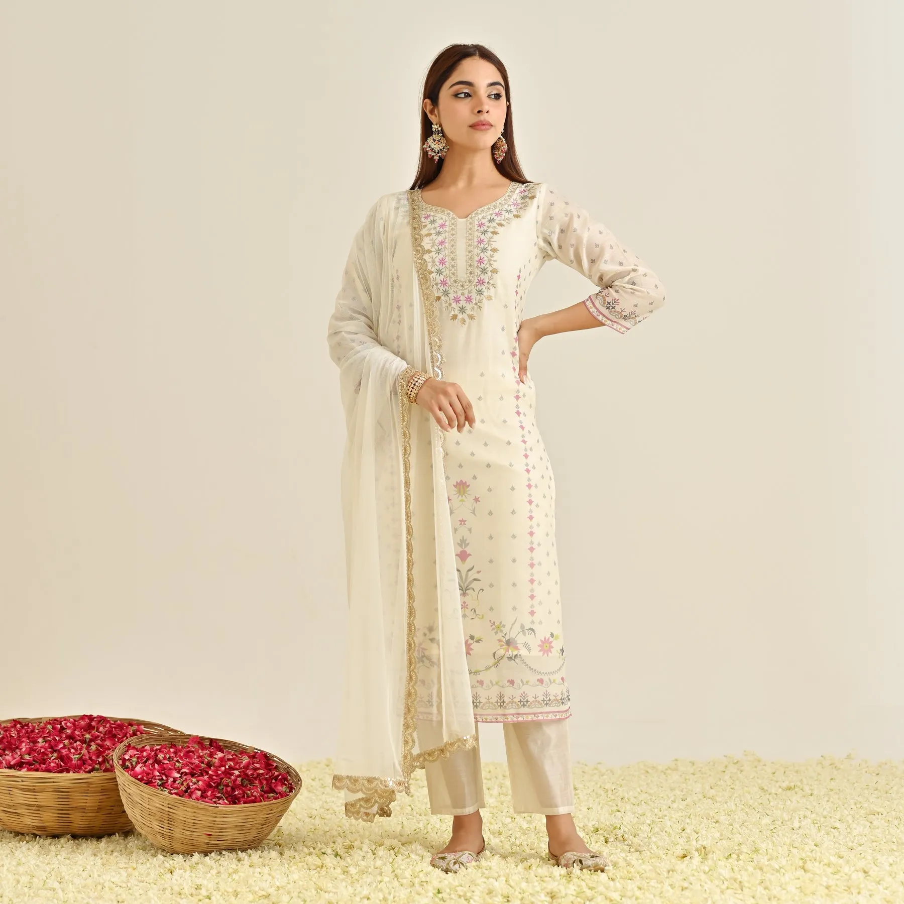 Off White Floral Straight Kurta Set with Yoke Embroidery & Dupatta