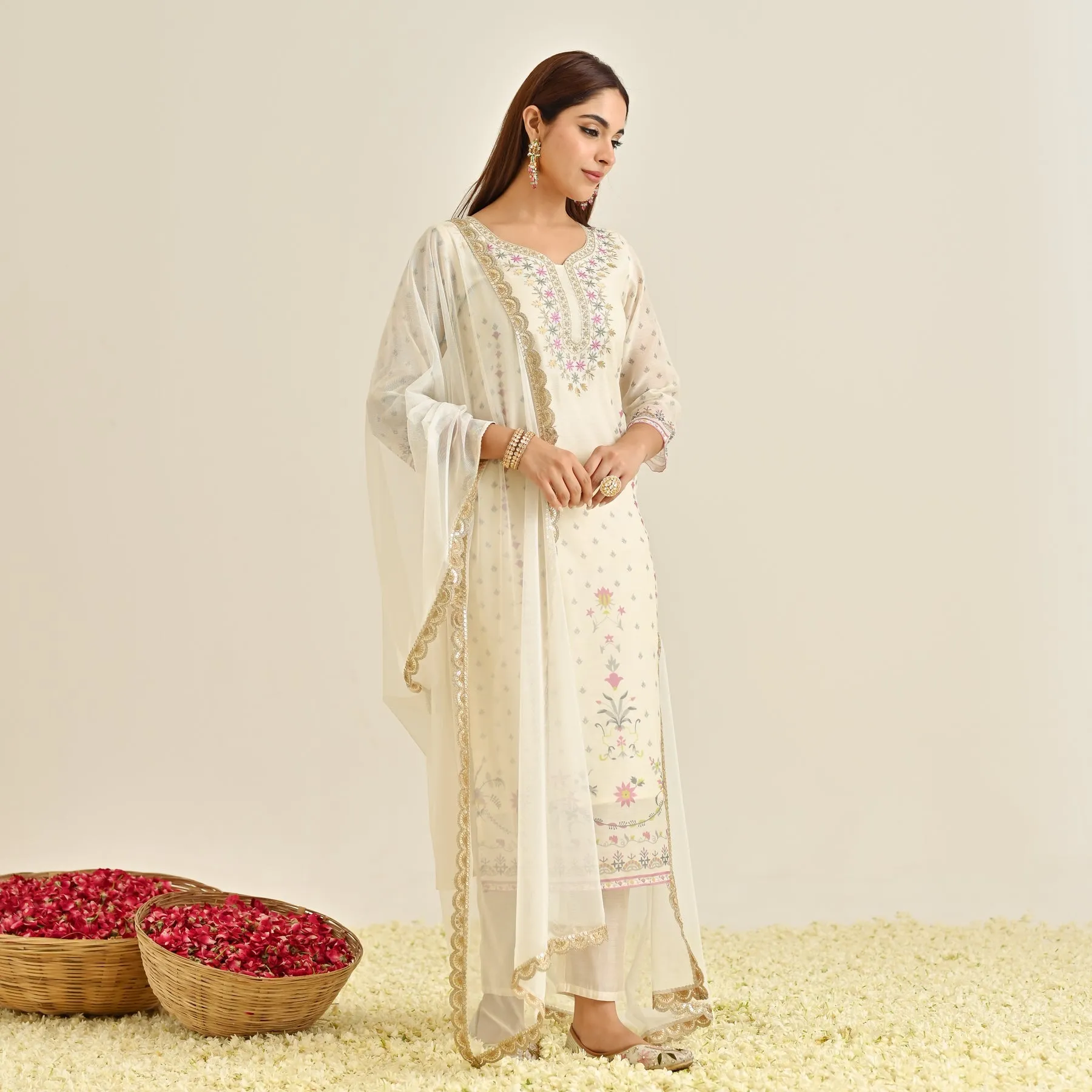 Off White Floral Straight Kurta Set with Yoke Embroidery & Dupatta