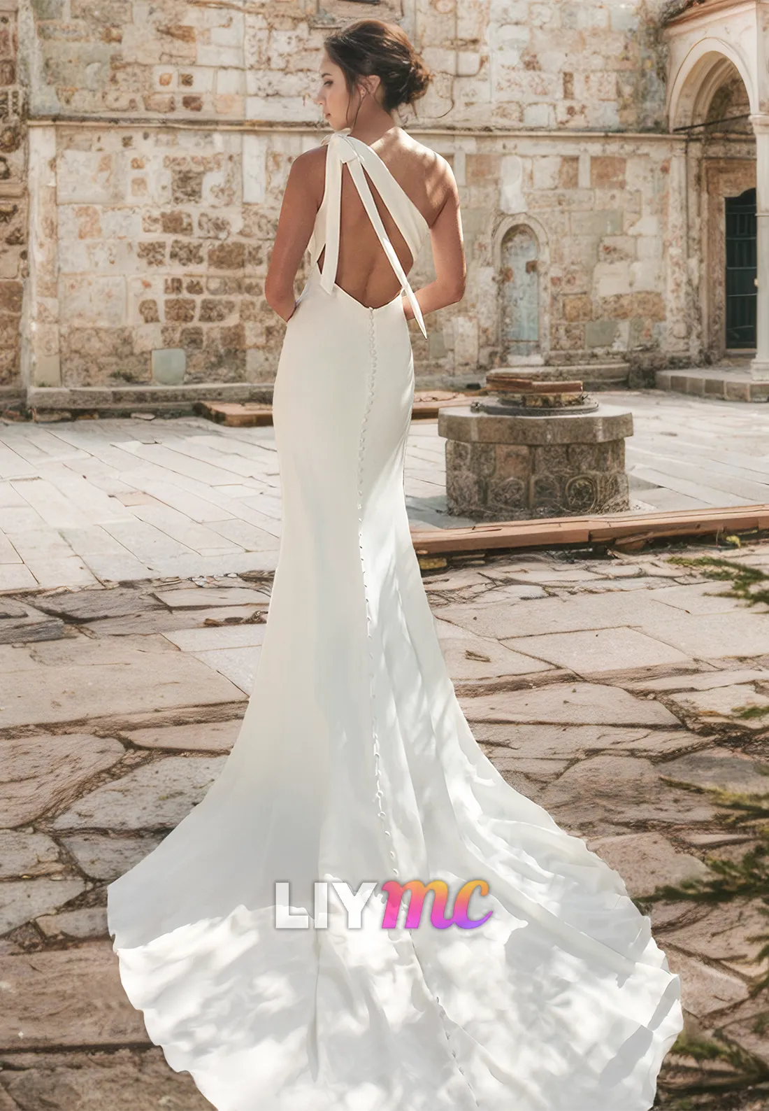 One Shoulder Sleeveless Illusion Pleated Side Slit Sheath Beach Wedding Dress