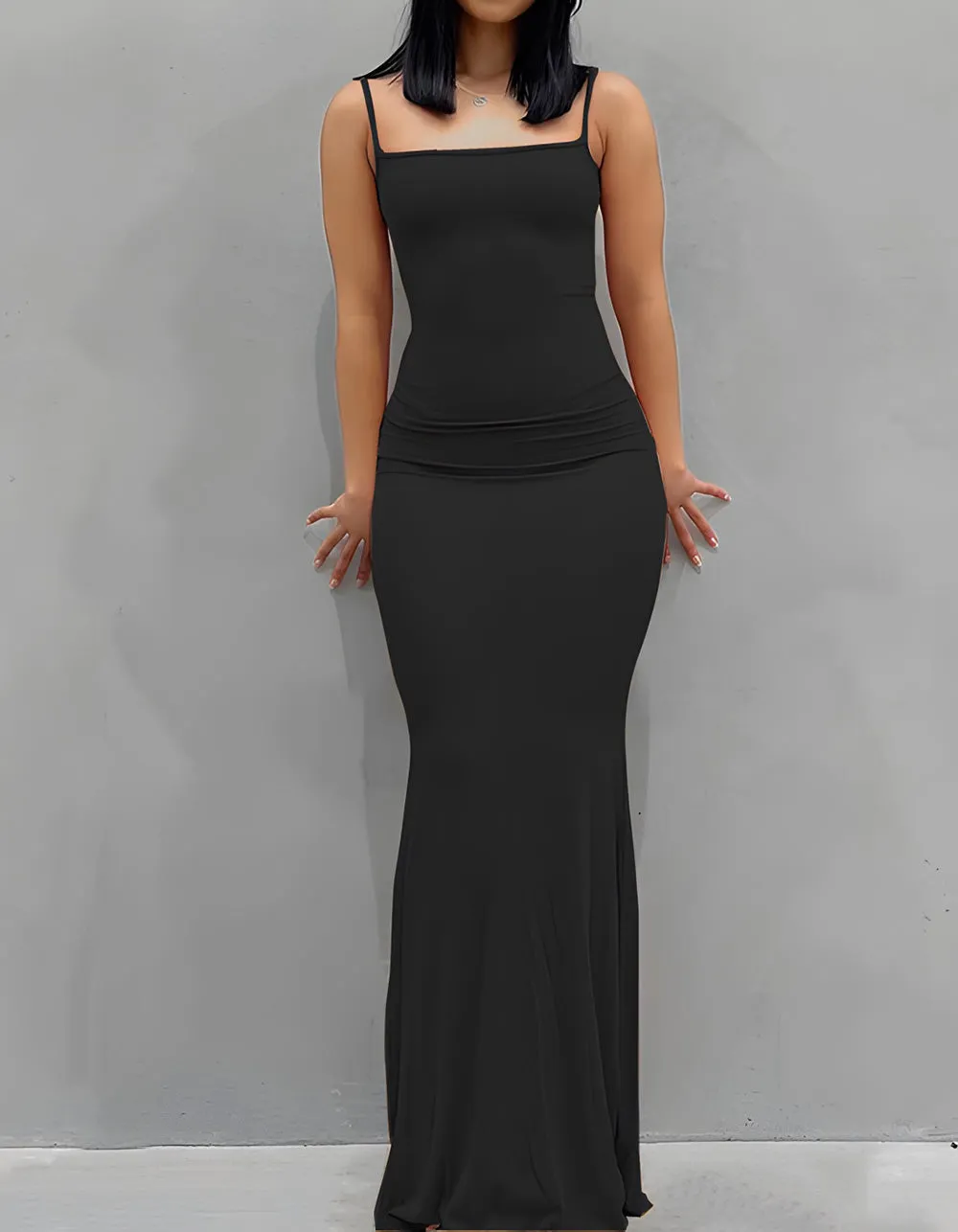 Plain Strap Ruched Slim Maxi Bodycon Dresses