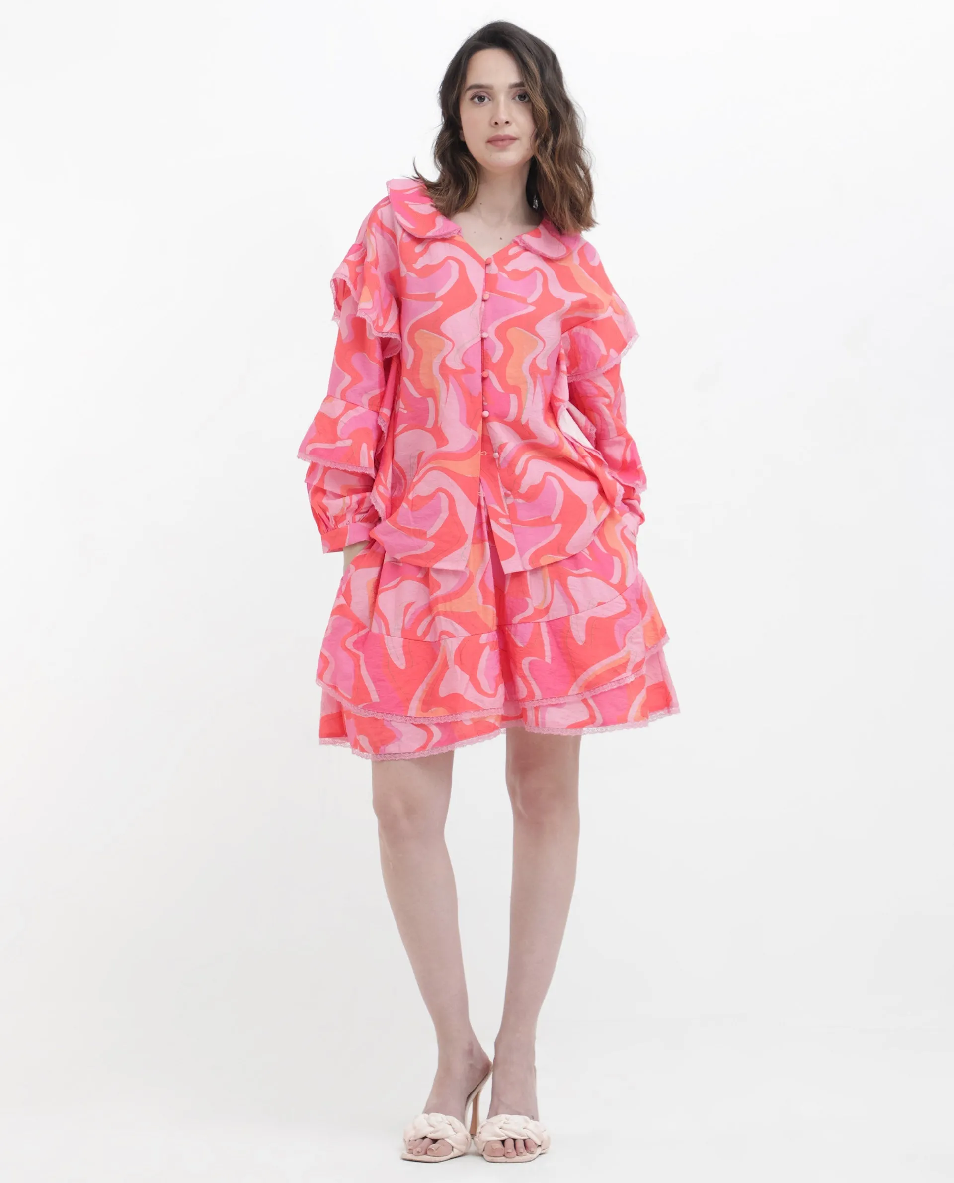 Rareism Women Ivan Multi Viscose Nylon Fabric Full Sleeves Button Closure Peter Pan Bishop Sleeve Regular Fit Abstract Print Top