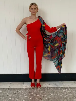 Scarlet One Shoulder Slit Sleeve Jumpsuit with Sash and Colored Leaves Scarf