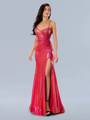 Stella Couture 24149 Size 8 RED Long Metallic Crystal Prom Dress Slit Gown V Neck Formal