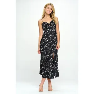 The Tabitha Satin Floral Midi Dress in Black, Red, Or Brown