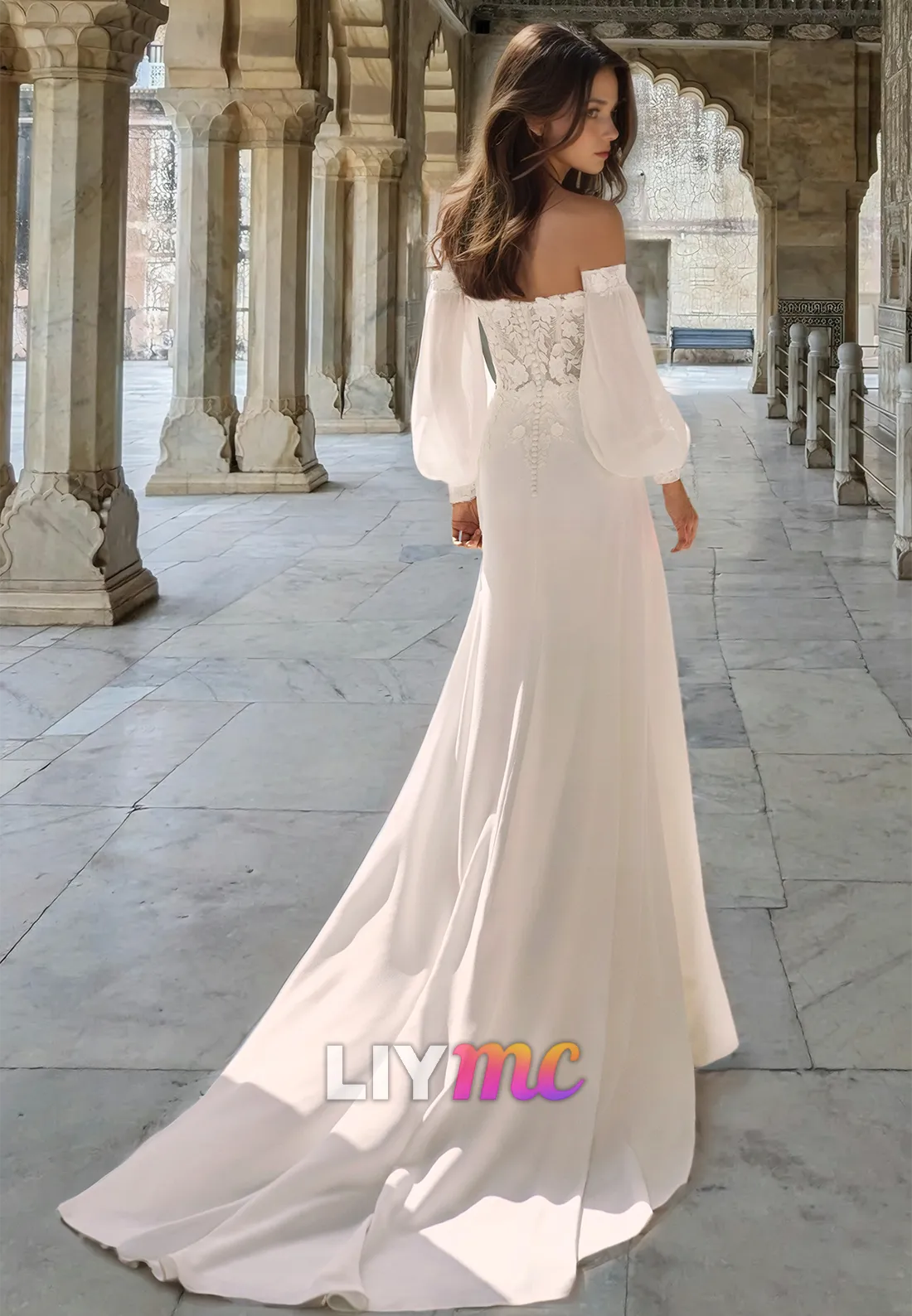 V-Neck Long Sleeves Floral Appliques Sleek Mermaid Beach Wedding Dress