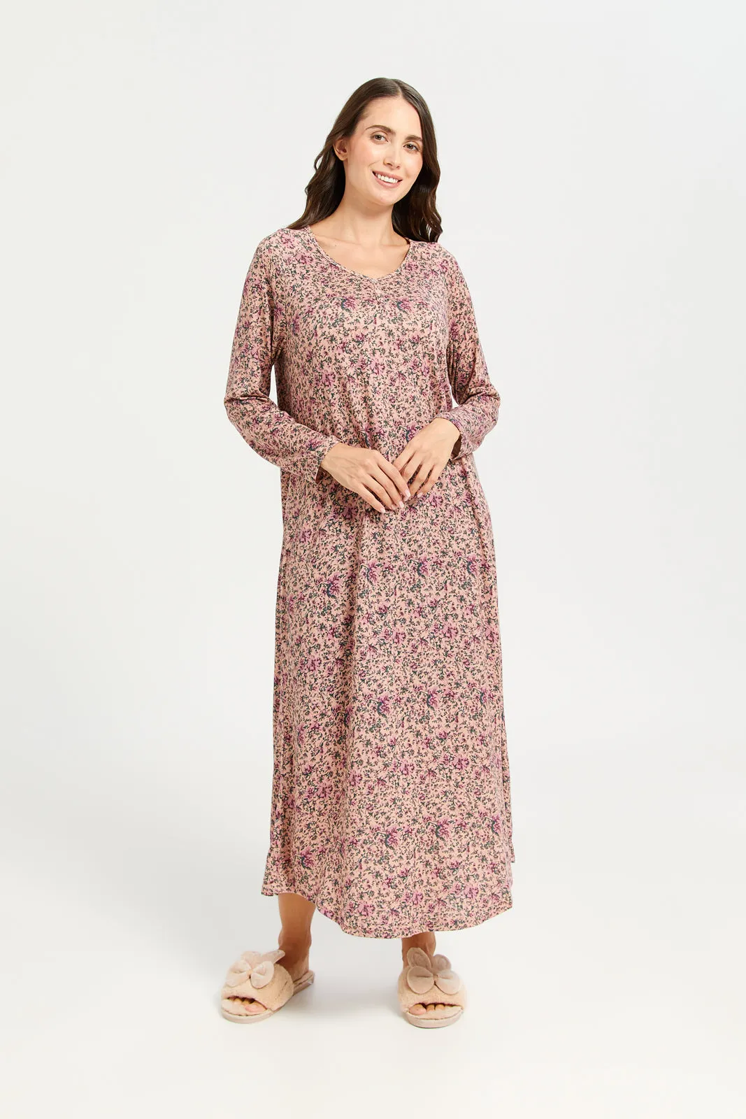 Women Pink Printed Nightgown